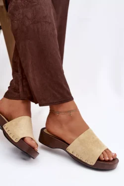 Moteriški šlepetės su auksiniais dirželiais, geltonos spalvos, Ferinna