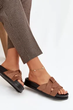 Moteriški ekologiški suede šlepetės su dirželiais, rudos spalvos, Marivessa