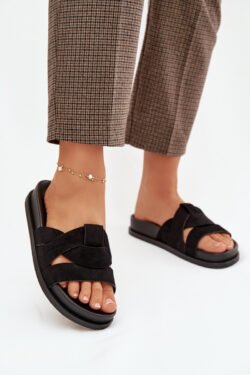 Moteriški ekologiški suede šlepetės su dirželiais, juodos spalvos Marivessa