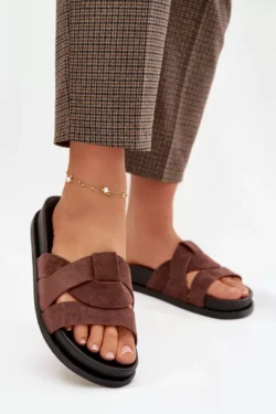 Moteriški ekologiški suede šlepetės su dirželiais, tamsiai rudos spalvos, Marivessa