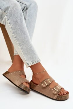 Moteriški šlepetės su auksiniais sagtimis ir kniedėmis, chaki spalvos, Tervina