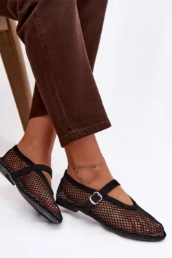 Tinklinės balerinos su dirželiu Juodos spalvos Pherina