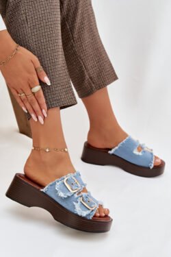 Moterų platforminiai šlepetės su auksiniais spaustukais, mėlynos spalvos „Renelisse“