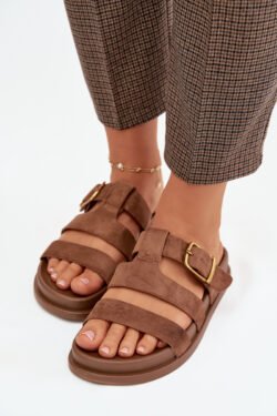 Moteriškos šlepetės su dirželiais ir aukso užsegimu, rudos spalvos Ulirissa