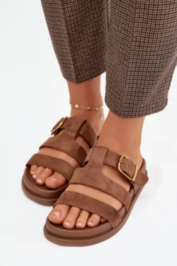 Moteriškos šlepetės su dirželiais ir aukso užsegimu, rudos spalvos Ulirissa