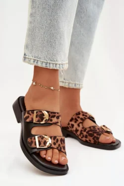 Moteriškos šlepetės su auksinėmis sagtimis Leopard Black-Brown Danelle
