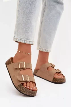 Moteriški korio platforminiai šlepetės su auksiniais sagtimis, tamsiai smėlio spalvos, Tovessa