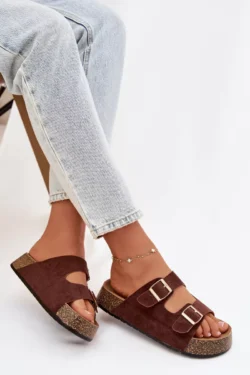 Moteriški šlepetės su kamštine platforma ir auksiniais spaustukais Tovessa