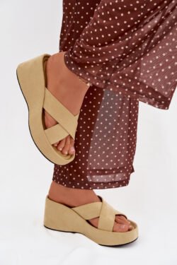 Moteriškos platforminės šlepetės, pagamintos iš ekologiškos odos, geltonos spalvos „Calorine“