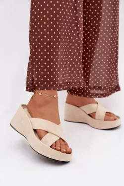 Moteriški platforminiai šlepetės iš ekologiškos odos, smėlio spalvos „Calorine“