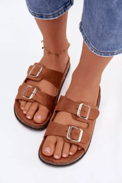 Moteriški šlepetės su sagtimis, kamelės spalvos Oliena