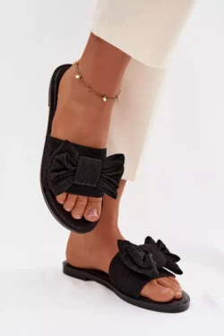 Moteriškos plokščios kulnos šlepetės su kaspinu, juodos spalvos, „Amivelle“