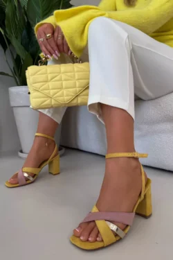 Moteriški sandalai su dirželiais ir blokiniu kulnu, ekologiškos odos, geltonos spalvos, „Karilora“