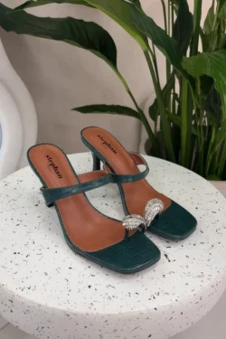 Moteriški aukštakulniai sandalai su dekoratyviniais elementais, butelio žalios spalvos „Lorissa“