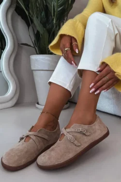 Odiniai suede basutės moterims su dirželiais Zazoo N1271 smėlio spalvos