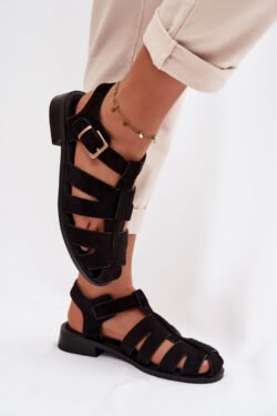 Moterų romėniškos sandalės juodos su aukso sagtimi Janessa