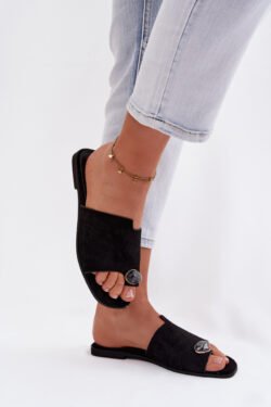 Moteriški plokšti dekoruoti ekologiški suede juodi šlepetės Selavine