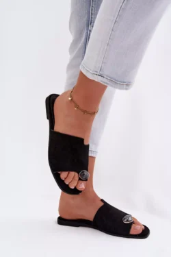 Moteriški plokšti dekoruoti ekologiški suede juodi šlepetės Selavine