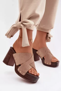 Moteriški sandalai su blokiniu kulnu ir auksiniais sagtimis, tamsiai smėlio spalvos „Nerelle“