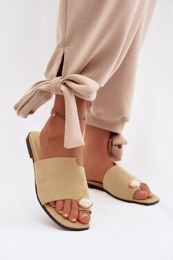 Moteriški plokšti dekoruoti ekologiški suede geltoni šlepetės Selavine