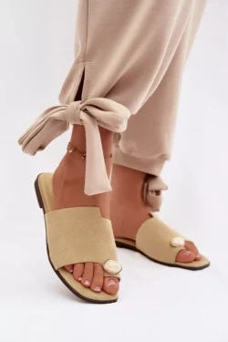 Moteriški plokšti dekoruoti ekologiški suede geltoni šlepetės Selavine