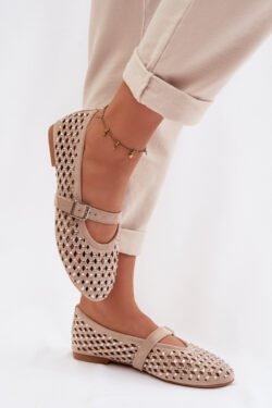 Moteriškos nėrinių balerinos su dirbtiniais brangakmeniais ir dirželiu Bežowe Wilvessa