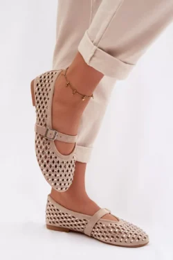 Moteriškos nėrinių balerinos su dirbtiniais brangakmeniais ir dirželiu Bežowe Wilvessa