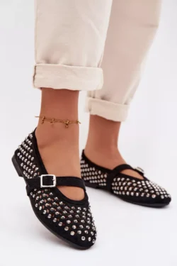 Moteriškos nėrinių balerinos su dirbtiniais brangakmeniais ir dirželiu, juodos spalvos, „Wilvessa“