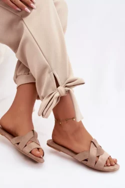 Moteriški plokšti tamsiai smėlio spalvos šlepetės su dirželiais Pavelle