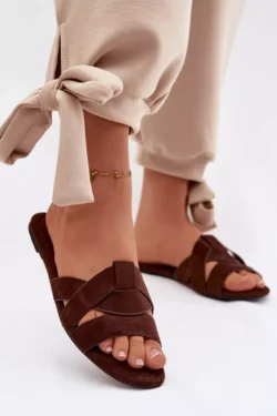 Moteriški plokšti dirželiai šokolado spalvos Pavelle šlepetės