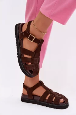 Moteriški romėniški sandalai su aukso sagtimi ant platformos, šokolado spalvos „Terelina“