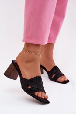 Moteriški sandalai su dirželiais ir blokiniu kulnu, ekologiškos odos, juodos spalvos, „Corivelle“