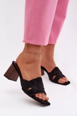 Moteriški sandalai su dirželiais ir blokiniu kulnu, ekologiškos odos, juodos spalvos, „Corivelle“