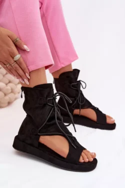 Moteriški ekologiški suede sandalai su aukštu viršumi ir raišteliais, juodi Ferlisse