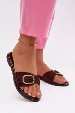 Moteriškos plokščios kulnos šokolado spalvos šlepetės su aukso sagtimi Selivelle