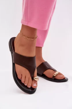 Moteriški plokšti ekologiški odiniai šlepetės su aukso detalėmis, šokolado spalvos „Lavessa“