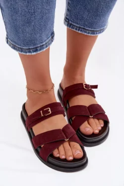 Moteriški plokščiapadžiai bateliai su dirželiais, bordo spalvos, auksiniai užsegimai Selorina