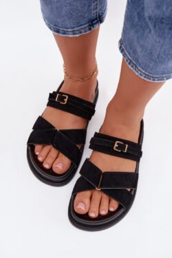 Moterų juodos sandalės su dirželiais ir aukso sagtimi Selorina