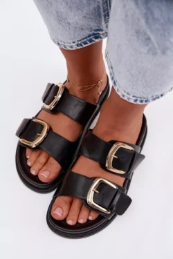 Moteriški ekologiškos odos šlepetės su auksiniais užsegimais, juodos spalvos, „Tervessa“