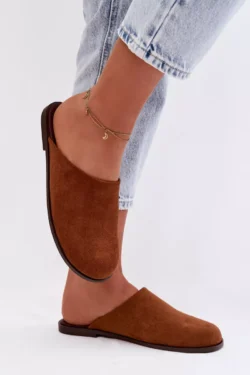 Moteriški plokšti ekologiški suede kamelės spalvos šlepetės Veronelle