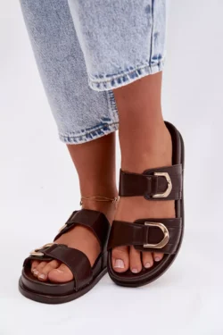 Ekologiškos odos moteriškos šlepetės su dirželiais, šokolado spalvos „Rosinessa“