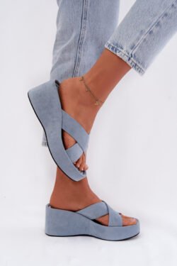 Moterų platforminiai šlepetės, pagaminti iš ekologiškos odos, mėlynos spalvos „Calorine“