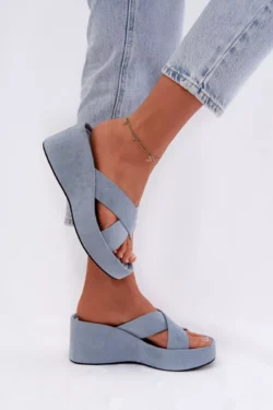 Moterų platforminiai šlepetės, pagaminti iš ekologiškos odos, mėlynos spalvos „Calorine“