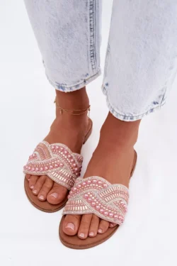 Papuoštos moteriškos plokščios rožinės šlepetės Dovima