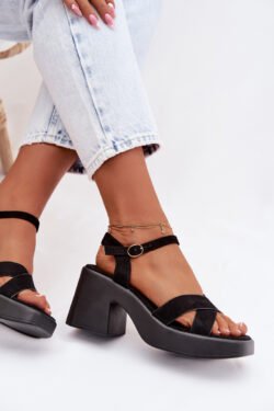 Moteriški sandalai su stambiu kulnu, pagaminti iš ekologiškos odos, juodos spalvos „Tereza“