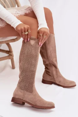 Moteriški bateliai su nėrinių raštu ant plokščio kulno S.Barski HY61-8022 smėlio spalvos