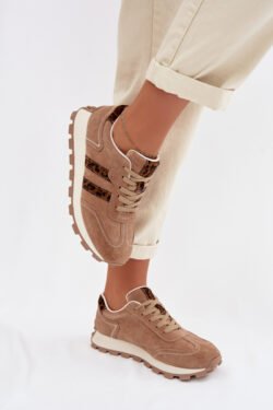 Moteriški suede sportiniai bateliai su platformos pėda ir leopardo raštu LR61-7071 Rudi