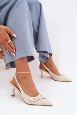 Moteriški aukštakulniai sandalai su dirželiais ir sagtimi, smėlio spalvos „Parina“