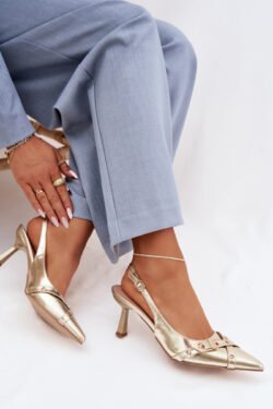 Moteriški aukštakulniai sandalai su dirželiais ir sagtimi, aukso spalvos „Parina“