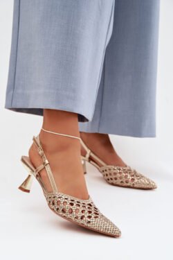 Moteriški aukso spalvos austi sandalai su kulnais Selinae